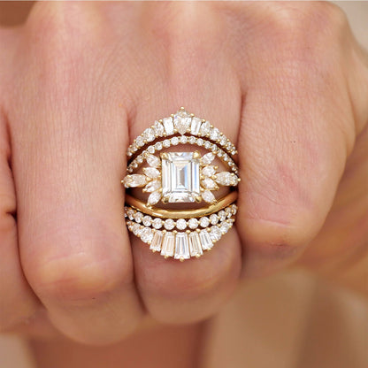 1.5 CT Emerald Cut Moissanite Peacock Style Mosaic Engagement Ring