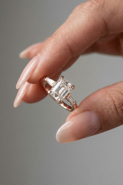 Emerald Cut Lab grown Diamond Three Stone Engagement Ring