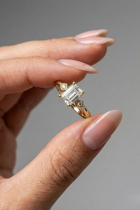 Emerald Cut Three Stone Milgrain Set Moissanite Engagement Ring