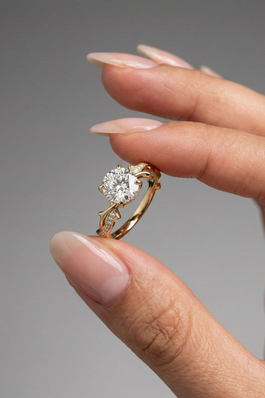 Round Cut Hidden Halo Twig Style Pave Moissanite Engagement Ring