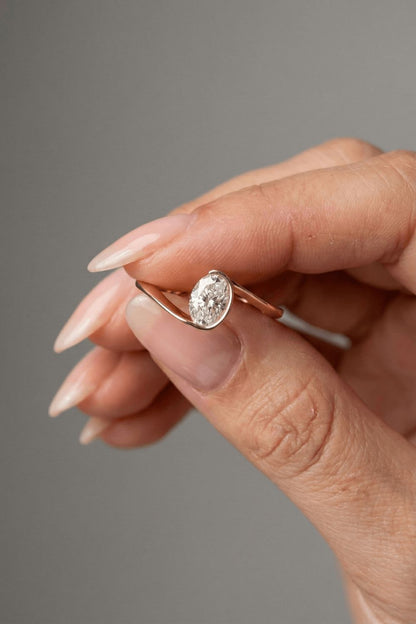 Oval Cut Half Bezel Unique Solitaire Moissanite Engagement Ring