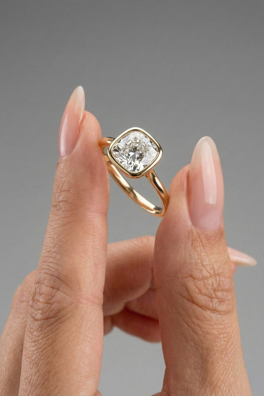 Cushion Cut Hidden Halo Bezel Moissanite Engagement Ring