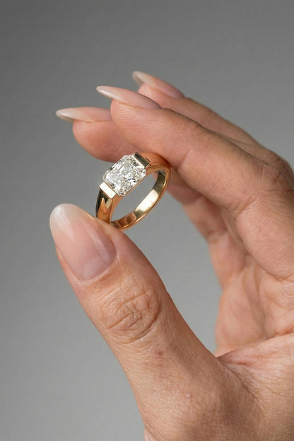 Radiant Cut Solitaire Half Bezel Type Moissanite Engagement Ring