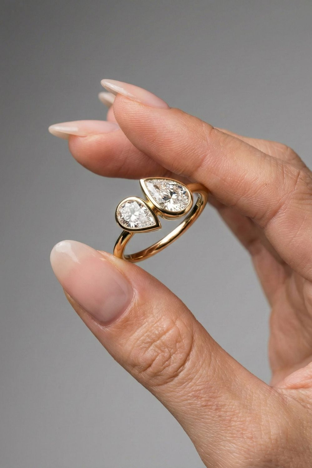 Pear Cut Lab grown Diamond Two Stone & Bezel Engagement Ring