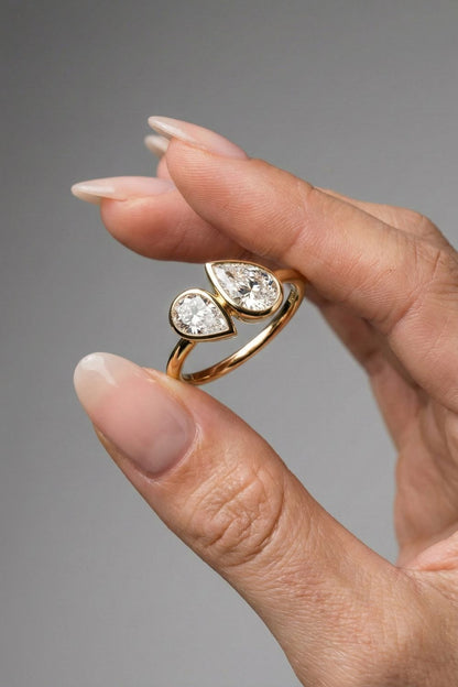 Pear Cut Lab grown Diamond Two Stone & Bezel Engagement Ring