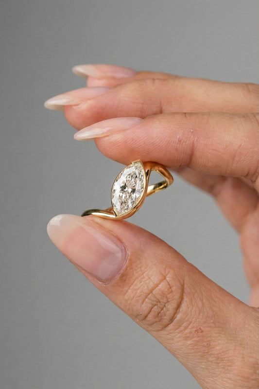 1.14 CT - 2.14 CT Marquise Cut Lab grown Diamond Half bezel Solitaire Engagement Ring