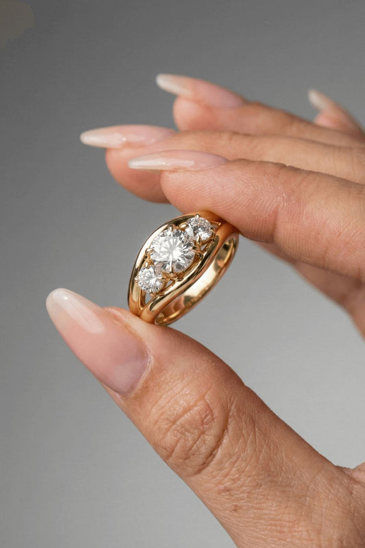 Round Cut Three Stone Semi Bezel Moissanite Engagement Ring