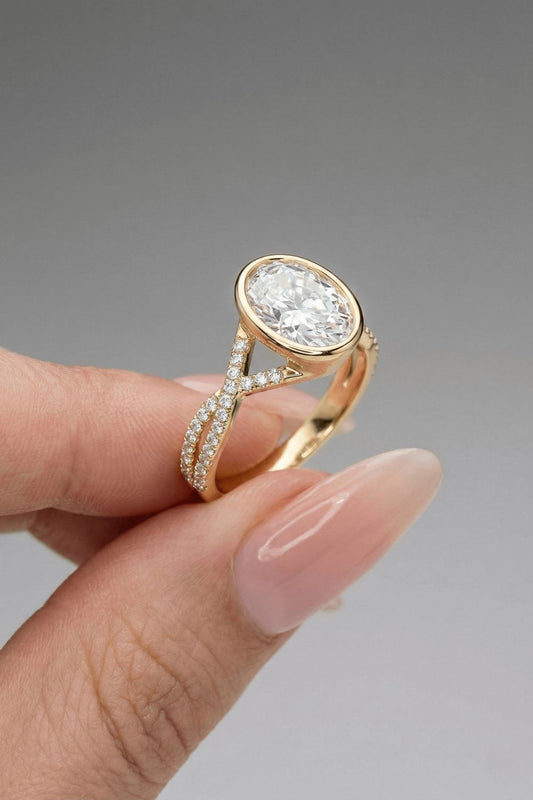 Oval Cut Twisted Pave & Bezel Setting Moissanite Engagement Ring