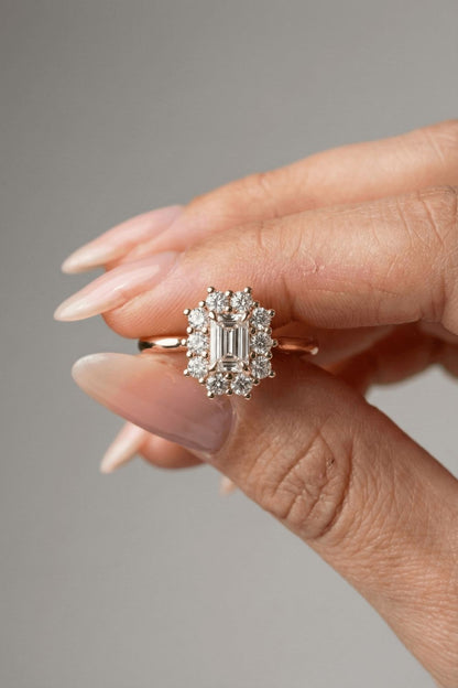 Emerald Cut Halo Moissanite Engagement Ring