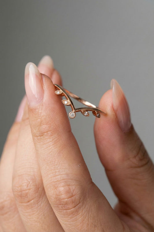 Round Moissanite Milgrain Chevron Stacking Wedding Band