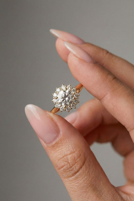 1 CT - 2 CT Round Cut Lab grown Diamond Halo Floral Style Engagement Ring