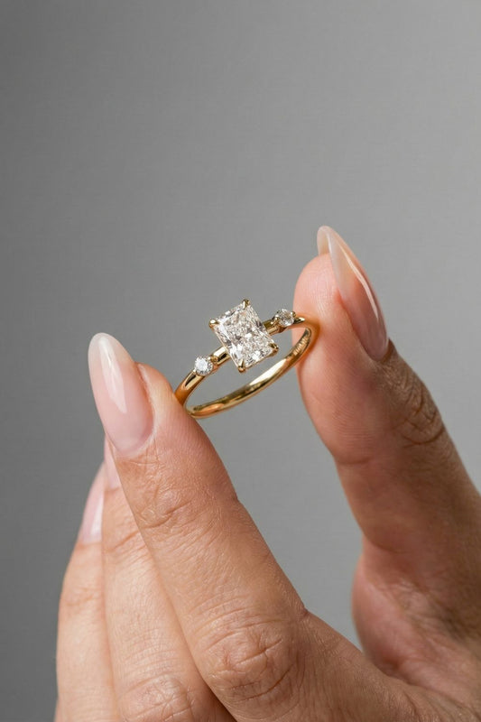 Radiant Cut Lab grown Diamond Side Stones Engagement Ring