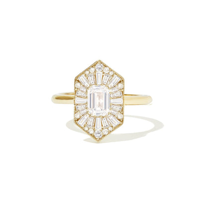 0.56 CT Emerald Cut Moissanite Hexagon Shape Mosaic Engagement Ring