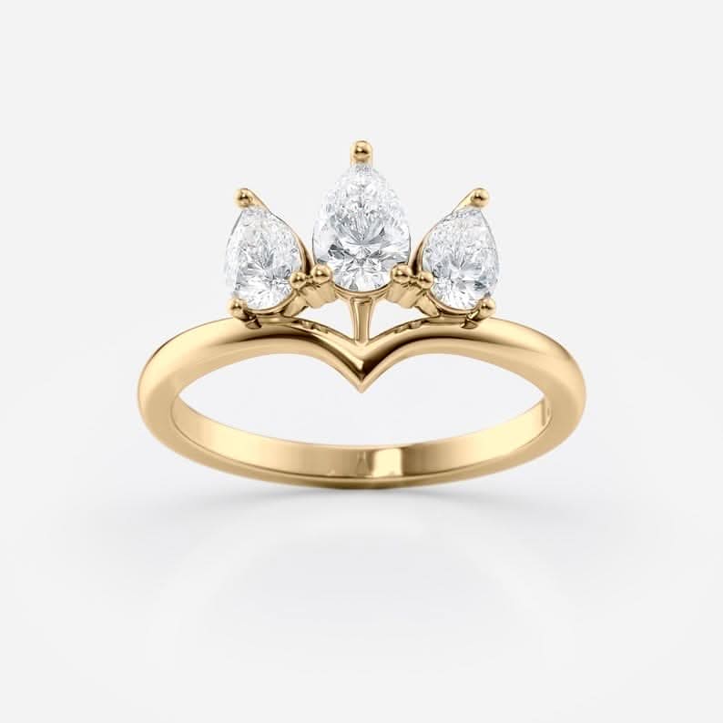 0.8 TCW Pear Cut Three Stone Crown Style Moissanite Engagement Ring