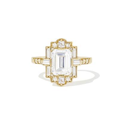1.5 CT Emerald Cut Moissanite Art Deco Mosaic Engagement Ring