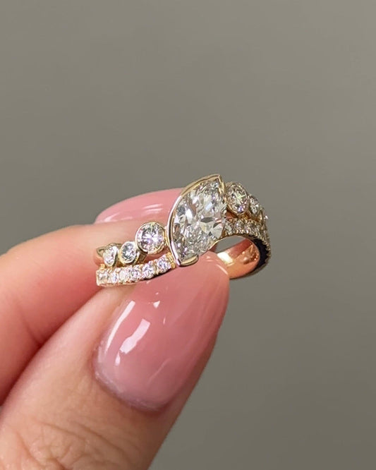 Marquise Cut Lab grown Diamond Bezel Arc Curvy With Pave Engagement Ring