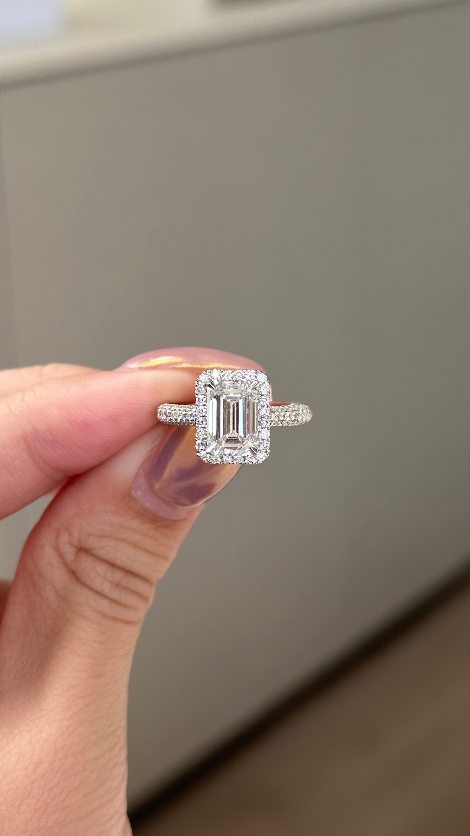 Emerald Cut Lab grown Diamond Glitter Pave with Halo Engagement Ring