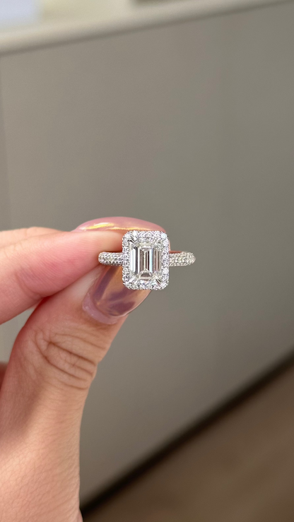 Emerald Cut Lab grown Diamond Glitter Pave with Halo Engagement Ring