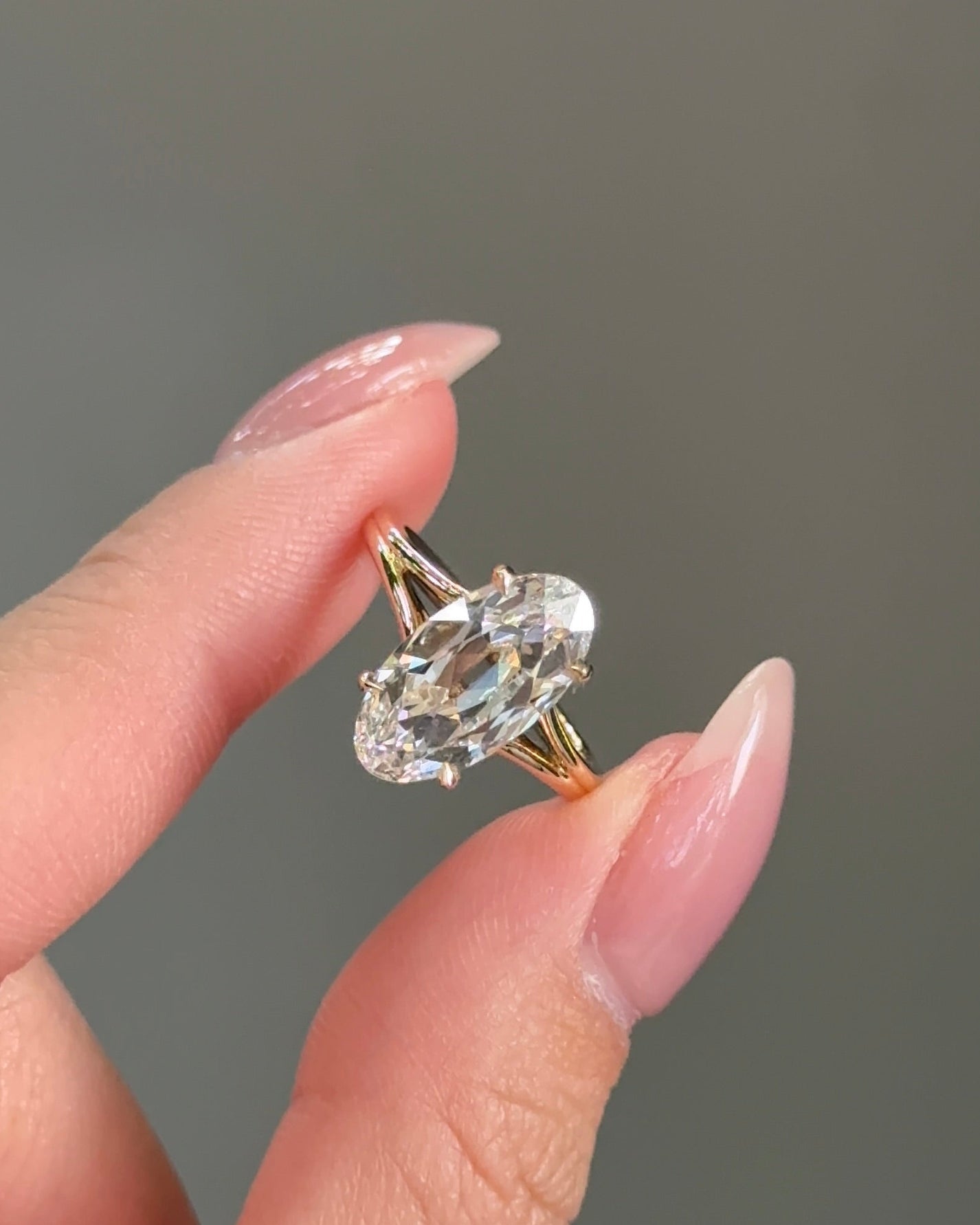 Antique Moval Cut Lab grown Diamond Wide Split Shank with Hidden Halo Engagement Ring