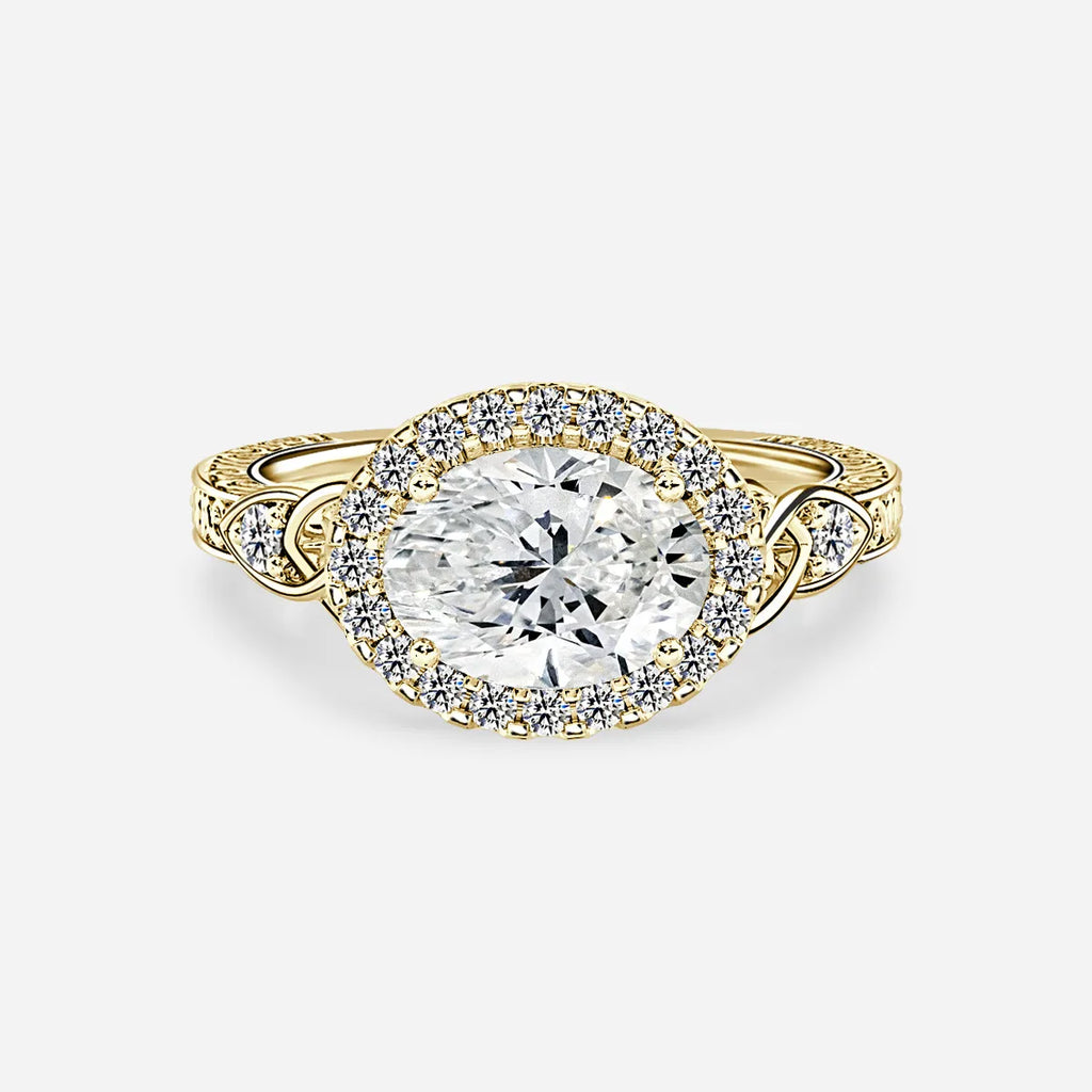 2 CT - 3 CT East-West Oval Cut Halo Vintage Style Moissanite Engagement Ring