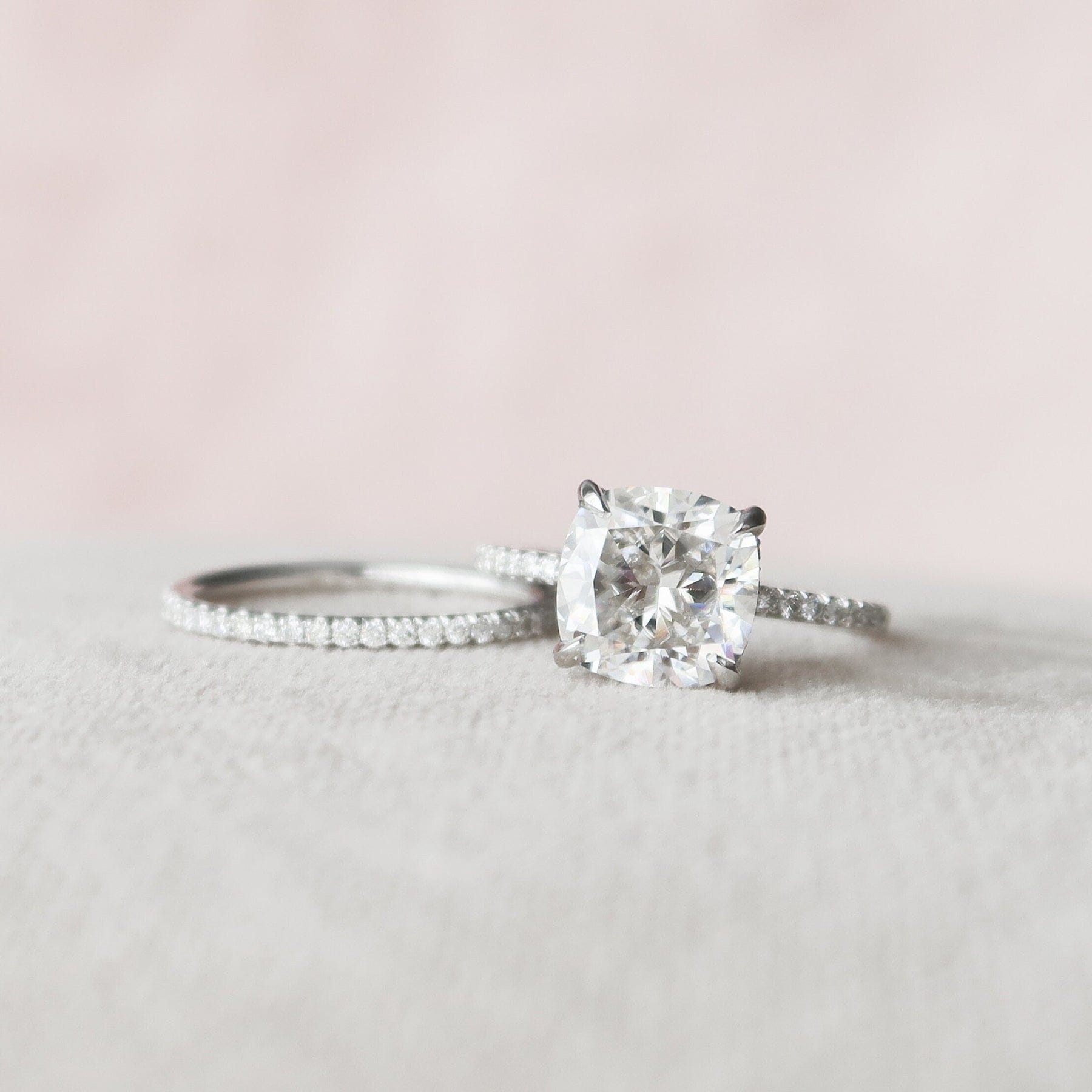 Cushion Cut Hidden Halo Moissanite Eternity Bridal Set