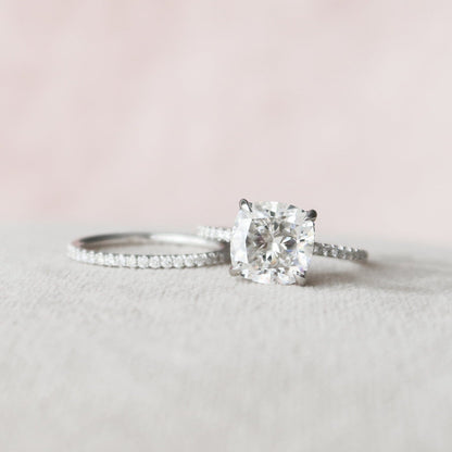 Cushion Cut Hidden Halo Moissanite Eternity Bridal Set