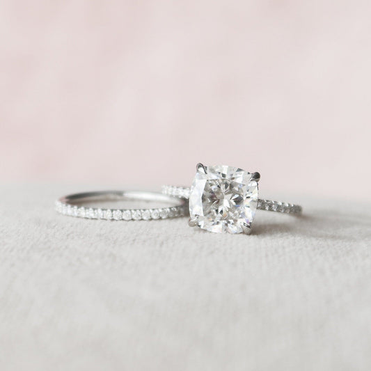 Cushion Cut Hidden Halo Moissanite Eternity Bridal Set