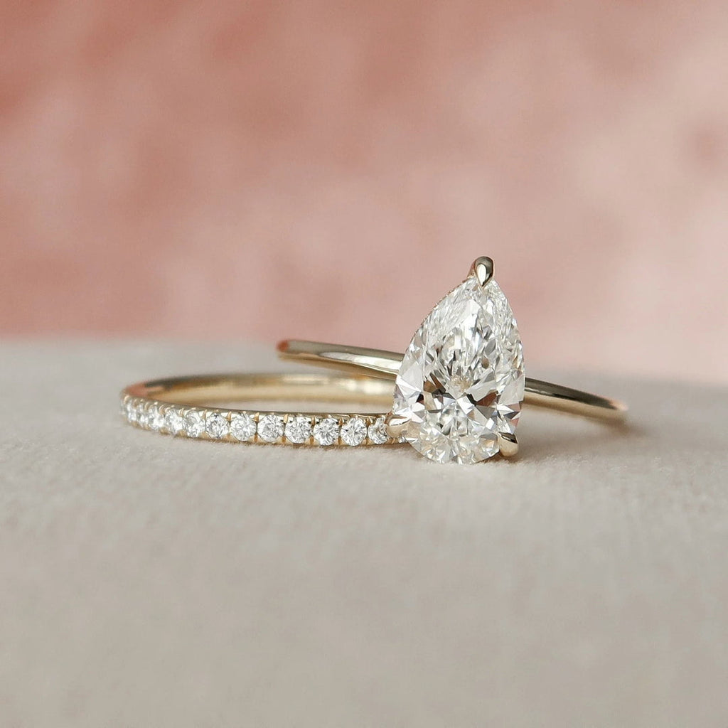 Pear Cut Hidden Halo Moissanite Solitaire Bridal Set