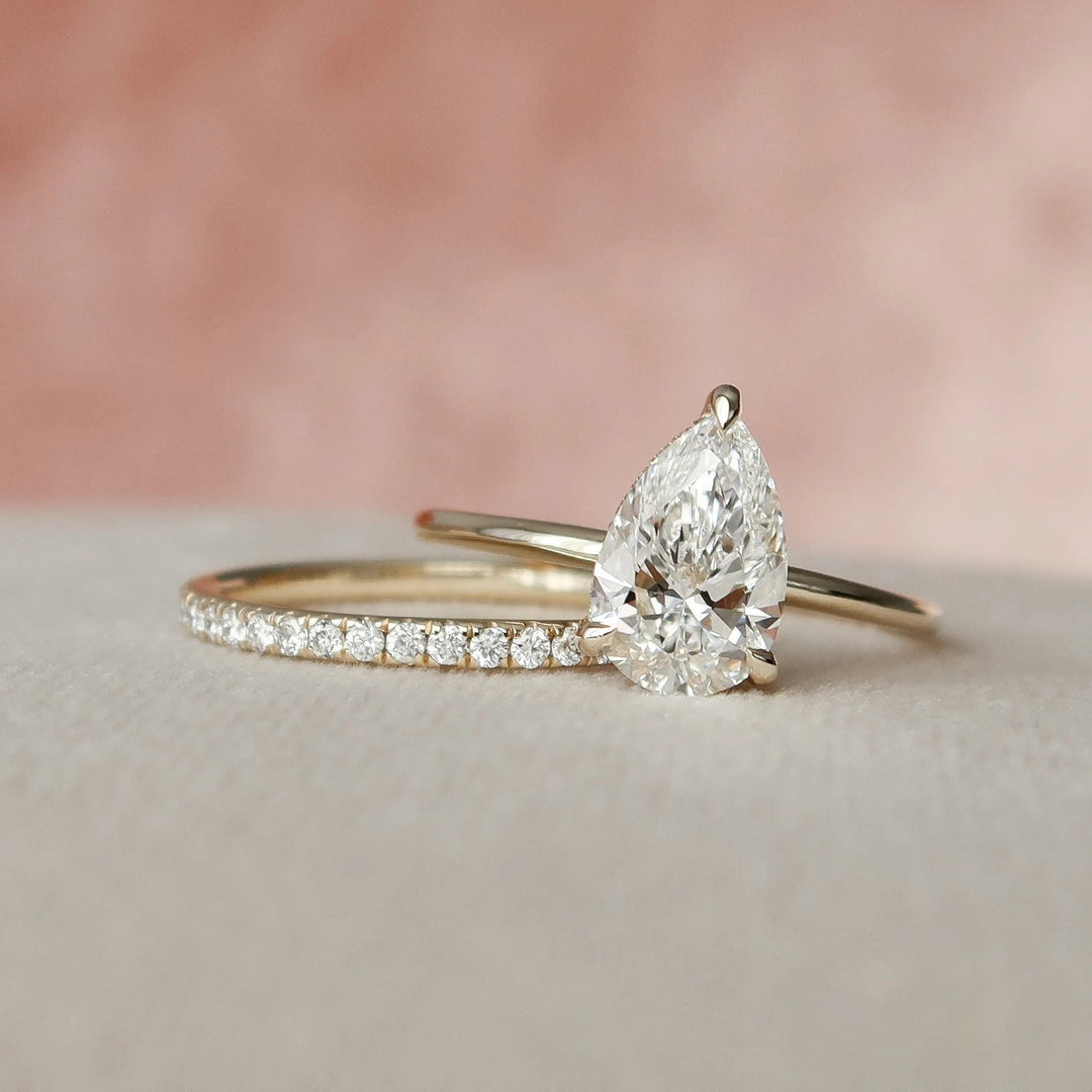 Pear Cut Hidden Halo Moissanite Solitaire Bridal Set