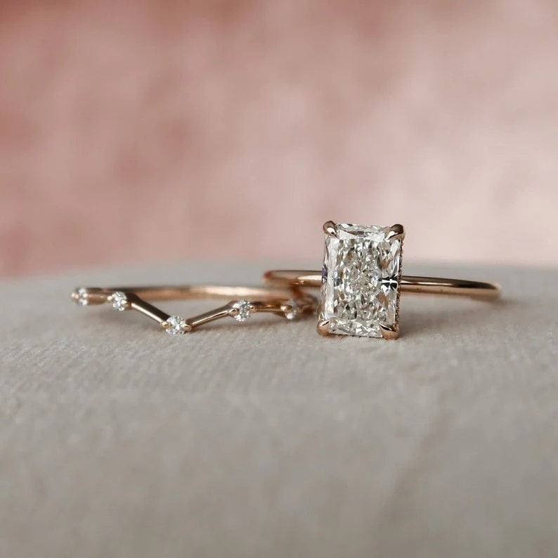 Radiant Cut Hidden Halo Moissanite Solitaire Bridal Set
