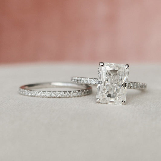 Radiant Cut Hidden Halo Moissanite Eternity Bridal Set