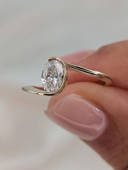 0.7 CT Oval Cut Half Bezel Unique Solitaire Moissanite Engagement Ring