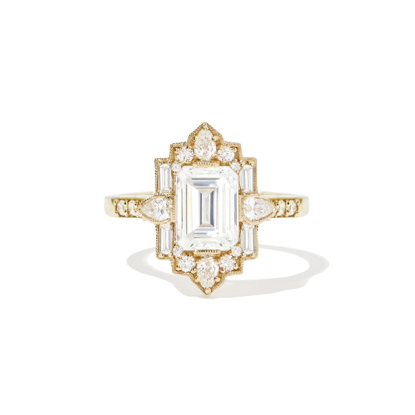 1.5 CT Emerald Cut Moissanite Art Deco Mosaic Engagement Ring