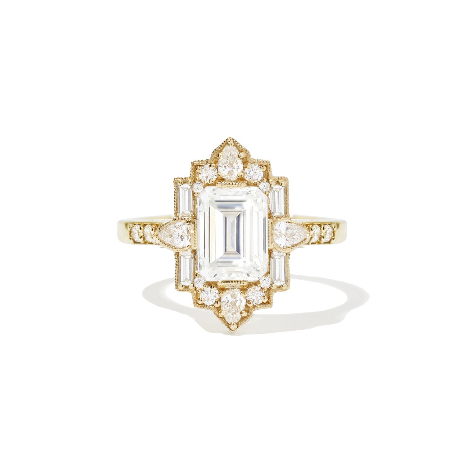 1.5 CT Emerald Cut Moissanite Art Deco Mosaic Engagement Ring