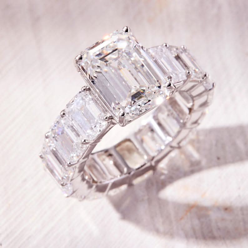 5 CT Emerald Cut Eternity Style Side Stone Moissanite Engagement Ring