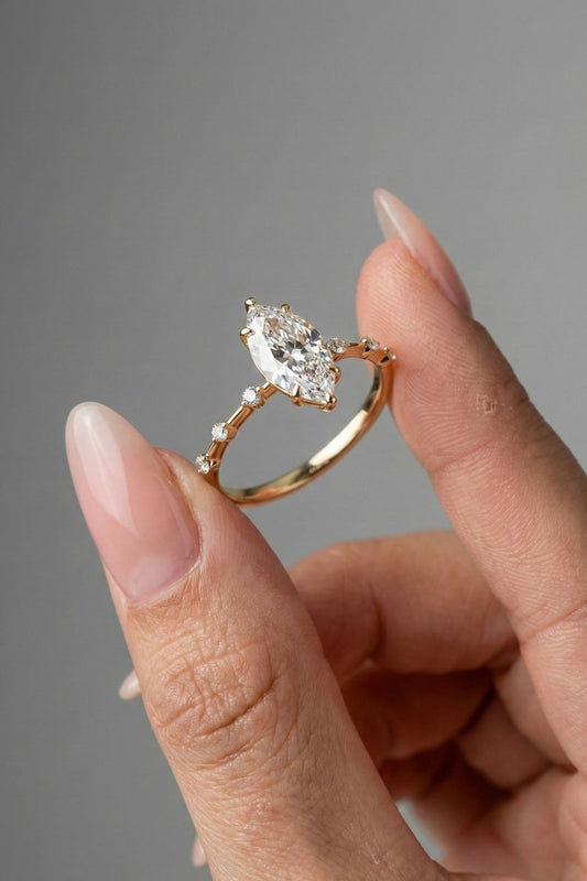 Marquise Cut Dainty Pave Set Moissanite Engagement Ring