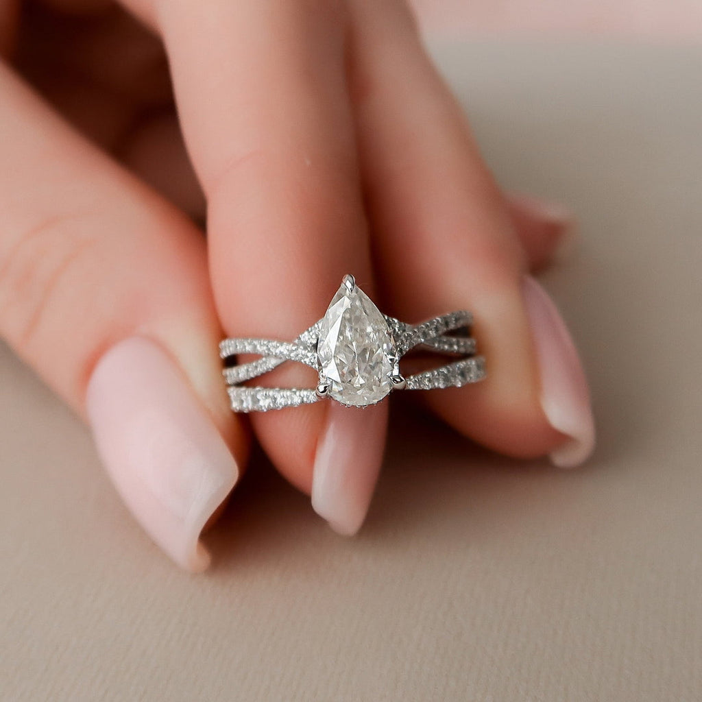 1.5 CT Pear Cut Hidden Halo Moissanite Half Eternity With Split Shank Bridal Set