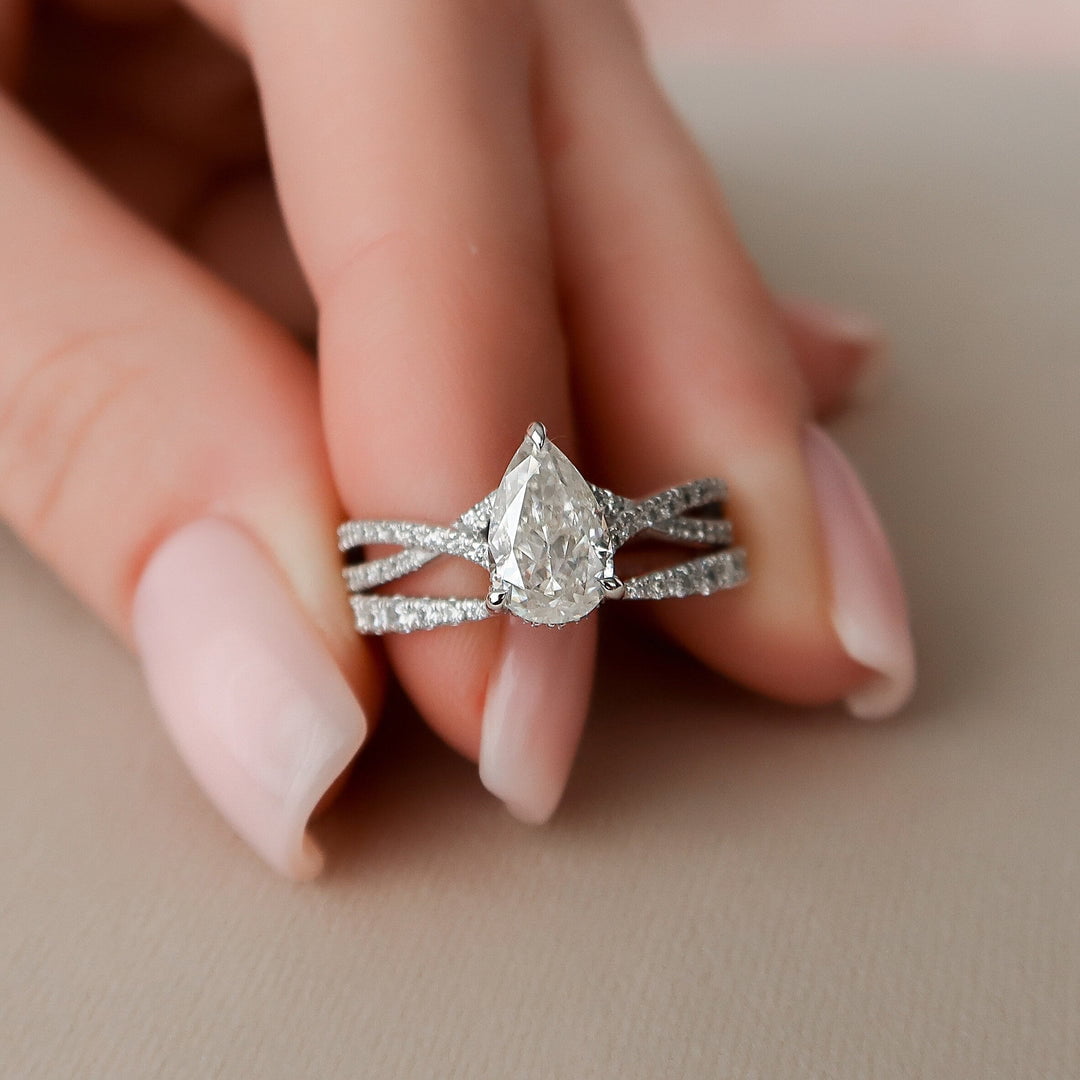 1.5 CT Pear Cut Hidden Halo Moissanite Half Eternity With Split Shank Bridal Set