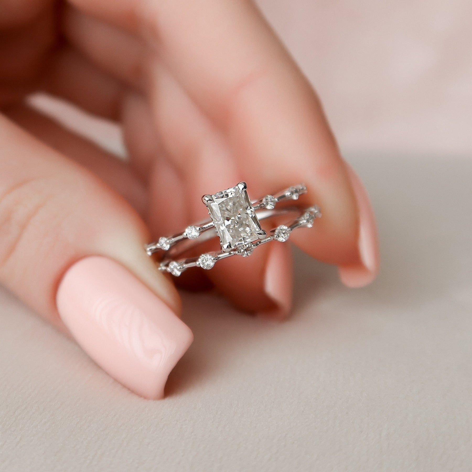 1.5 CT Radiant Cut Hidden Halo Moissanite Half Eternity Bridal Set