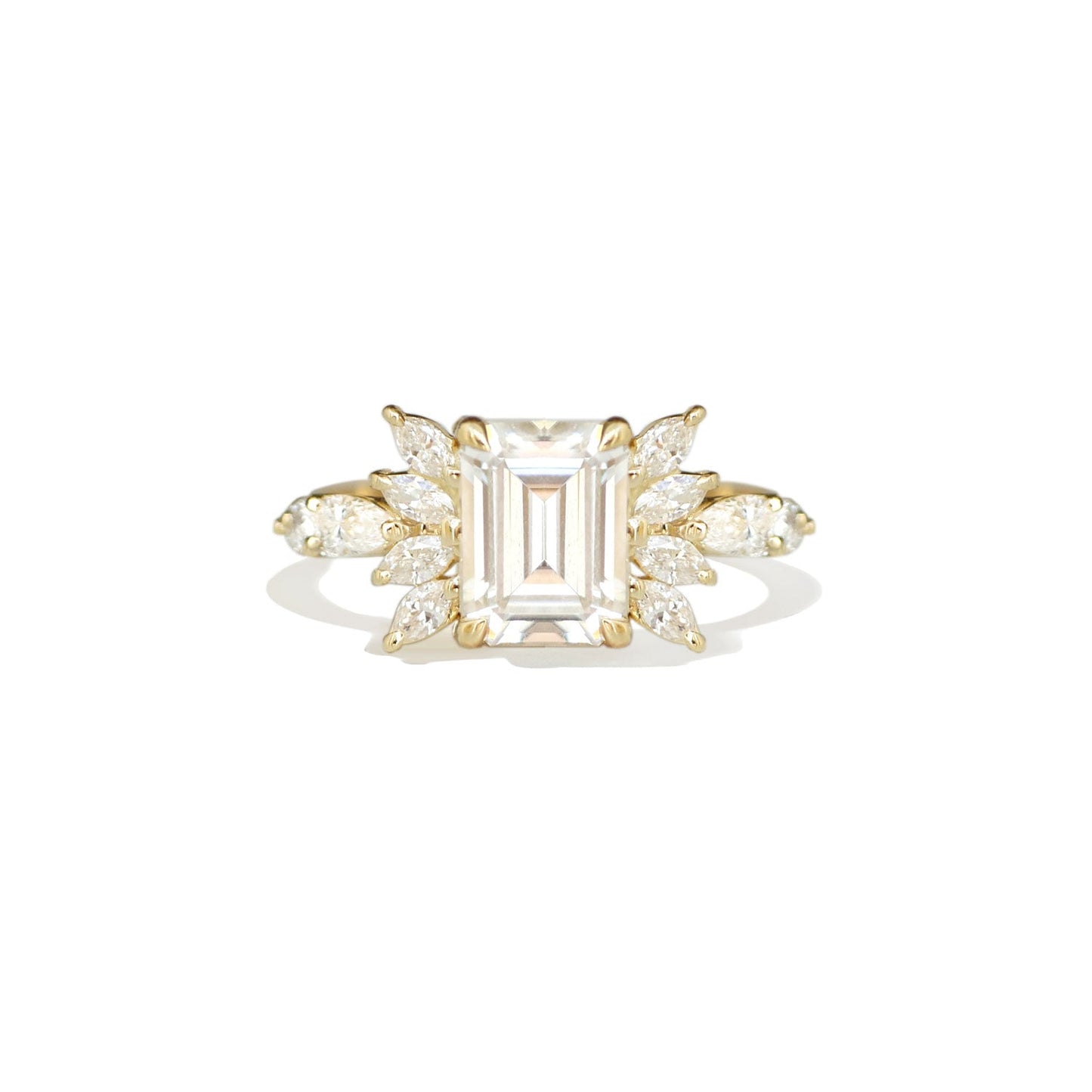 1.5 CT Emerald Cut Moissanite Peacock Style Mosaic Engagement Ring