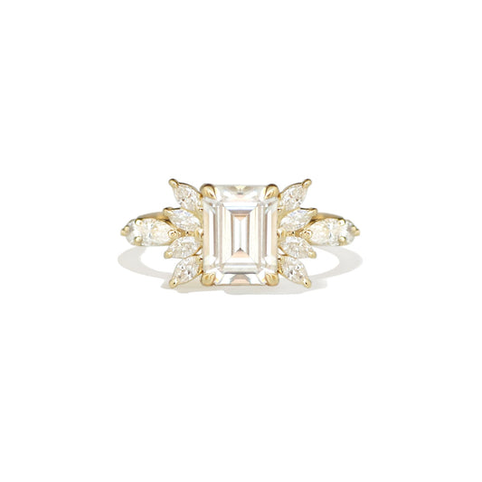 1.5 CT Emerald Cut Moissanite Peacock Style Mosaic Engagement Ring
