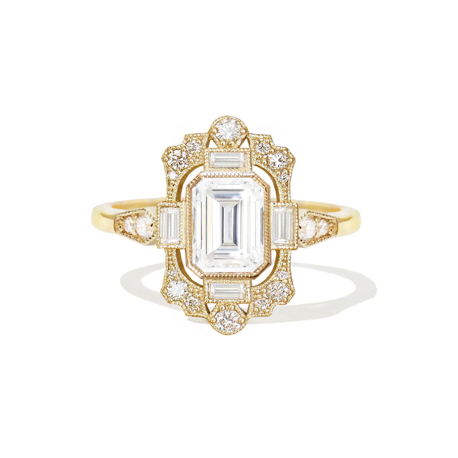 1.5 CT Emerald Cut Moissanite Fairmont Mosaic Engagement Ring