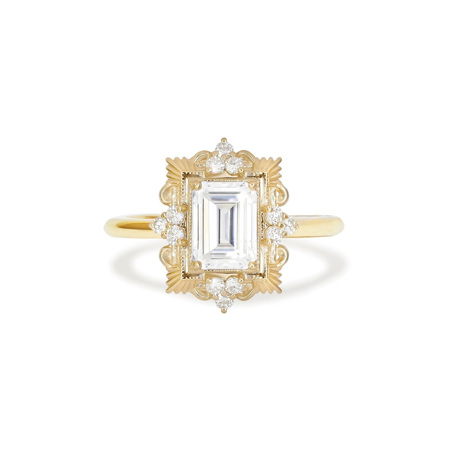 1.5 CT Emerald Cut Moissanite Florentine Mosaic Engagement Ring