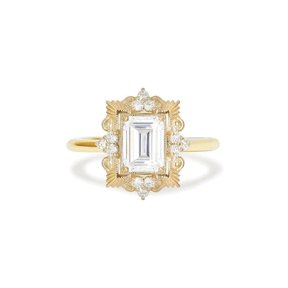 1.5 CT Emerald Cut Moissanite Florentine Mosaic Engagement Ring