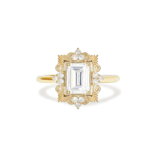1.5 CT Emerald Cut Moissanite Florentine Mosaic Engagement Ring