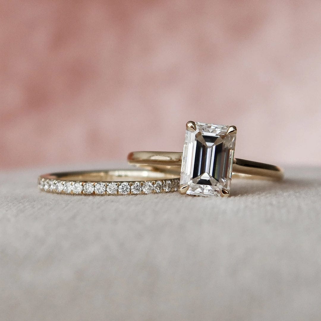 Emerald Cut Hidden Halo Moissanite Solitaire Bridal Set