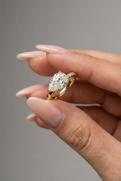 Pear Cut Lab grown Diamond Half Pave Engagement Ring