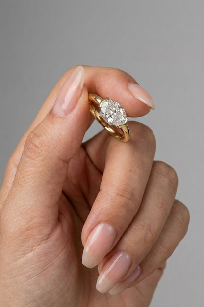 1.37 CT - 3.37 CT Oval Cut Lab grown Diamond Half Bezel Solitaire Engagement Ring