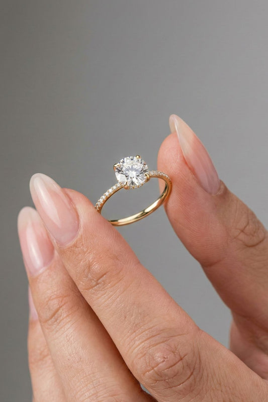 Round Cut Hidden Halo Pave Moissanite Engagement Ring