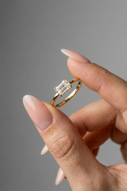 East-West Emerald Cut Lab grown Diamond Solitaire Engagement Ring